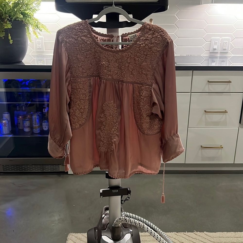 Rose embroidered silk long sleeve blouse